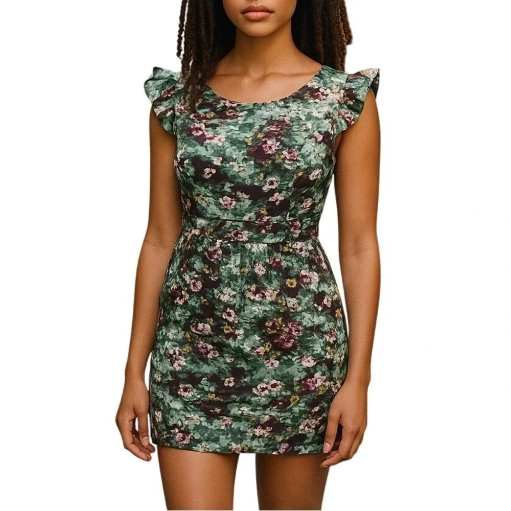Darling April Dress Spearmint Green Floral Linen Blend Pockets‎ Large NWT